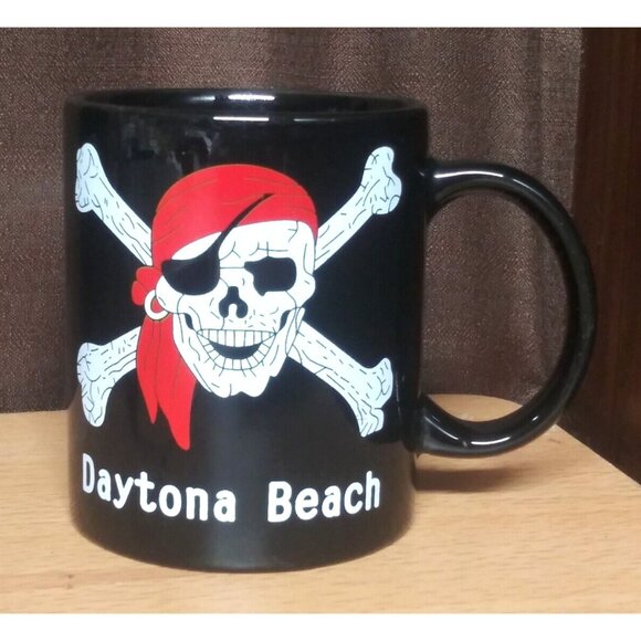 Pirate Coffee Mug VTG 80s Ceramic black Jolly Roger Red Scarf skull crossbones - Picture 2 of 6